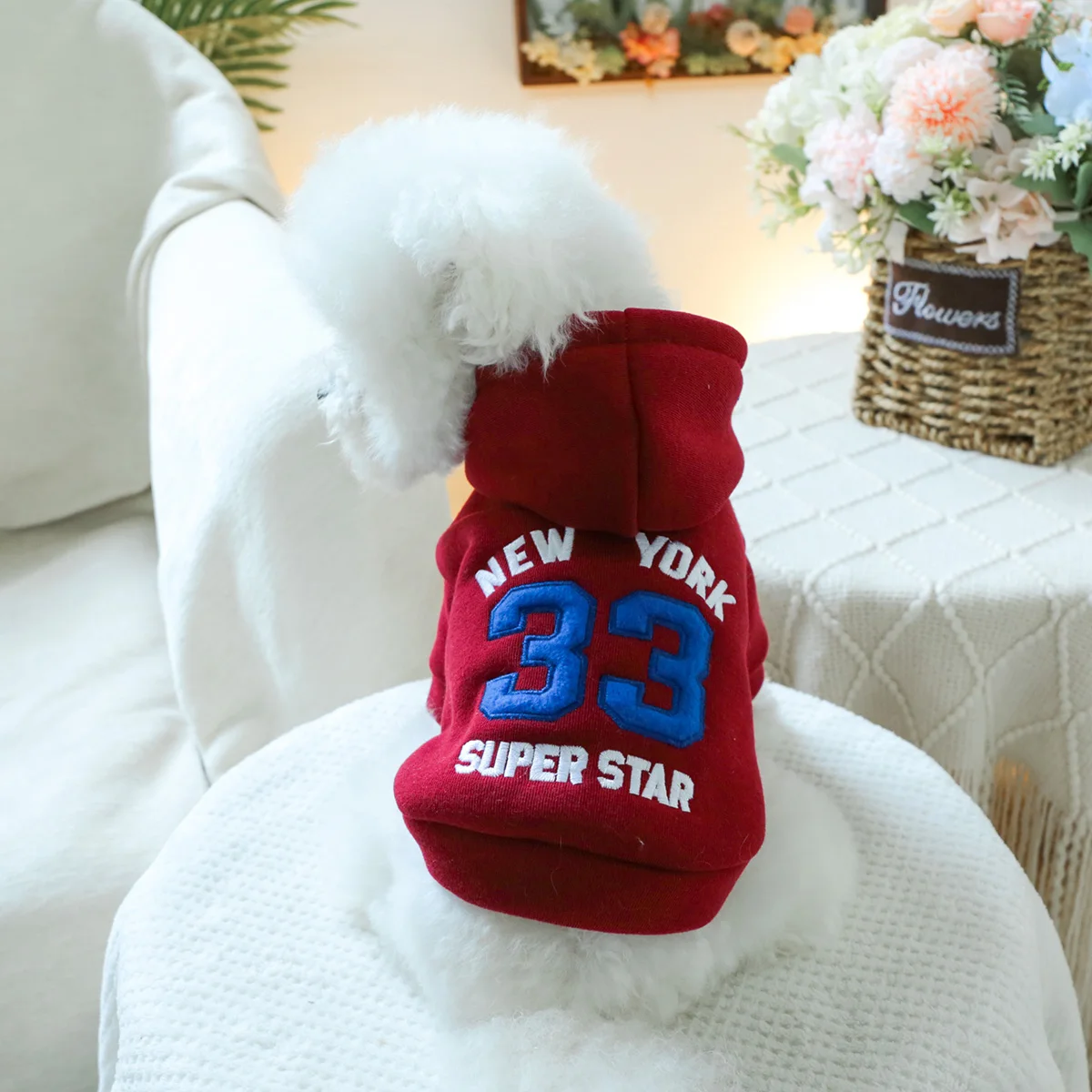 1PC Pet Clothing Spring and Autumn Velvet Red New York 33 Head Hat Hoodie Suitable for Small and Medium sized Dogs