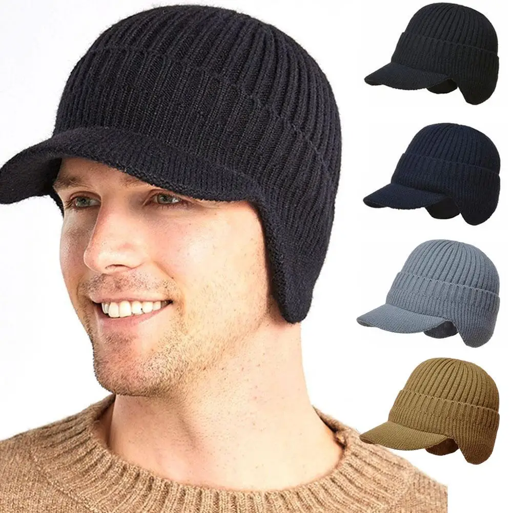 1Pcs Men Winter Black Knitted Hat Thickened Outdoor Cycling Ear Protection Warmth Peaked Cap Casual Fashion Bomber Hats