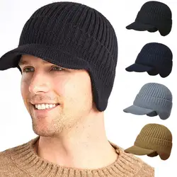 1Pcs Men Winter Black Knitted Hat Thickened Outdoor Cycling Ear Protection Warmth Peaked Cap Casual Fashion Bomber Hats