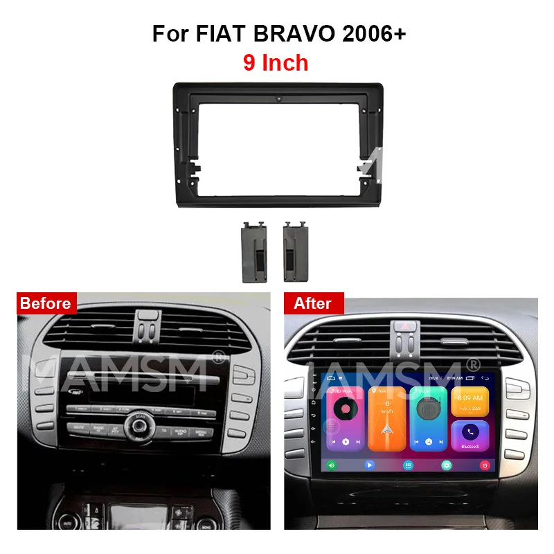 MAMSM Dla FIAT BRAVO 2006 9-calowy samochodowy panel radiowy Fascia Zestaw deski rozdzielczej Zainstaluj adapter konsoli Płyta konsoli Ramka