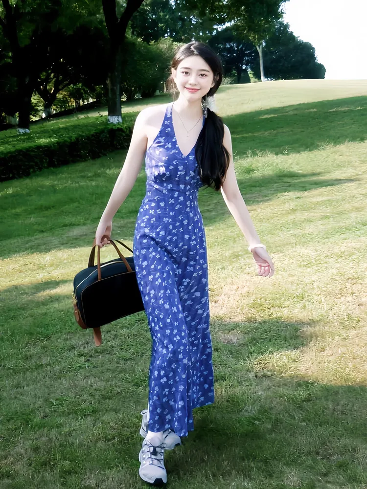 

Zhaolu Si Purple Floral Print Halter Dress Women's Summer New Sexy Backless Vacation Layering Dress Long Commute Style Korean...