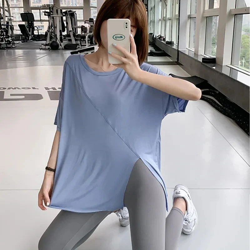 AllSeason Sport Women Solid Casual Sun Protection Shirt Pullover Short Sleeve Slim Tees Top Gentle Sexy Blouse Soft Gym Split