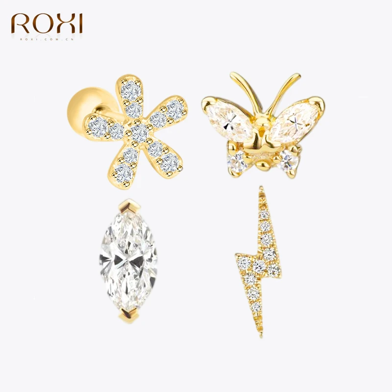 ROXI Flower Lightning Butterfly Cross Symbol Crown Eye Stud Earrings for Women Piercing Earrings Silver 925 Jewelry Pendientes