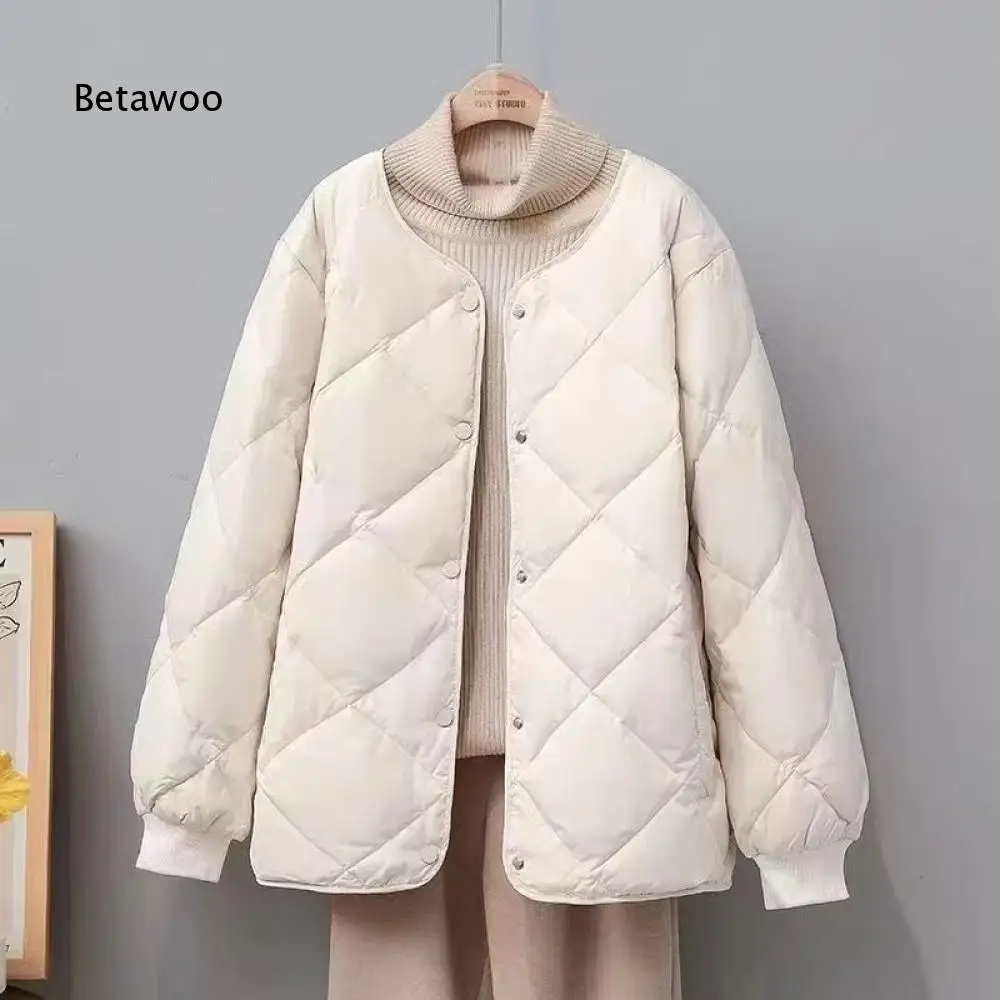 Ladies Loose Fit Quilted Padded Jacket Round Neck Long Sleeve Snap Button Front Warm Outerwear For Everyday Autumn Winter Wear