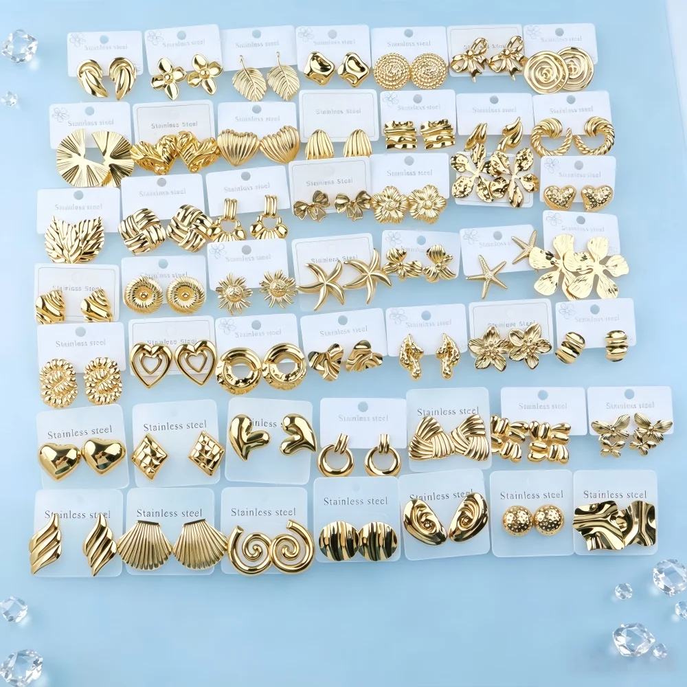 10/20Pairs Trendy Vintage Stainless Steel Earrings For Women Geometric Delicate Flower Starfish Heart Mix Jewelry Party Daily