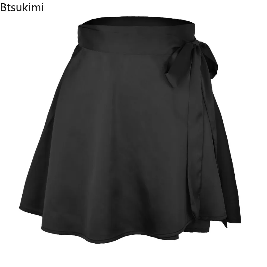 New 2024 Women's Summer Casual Skirt with Belt Chiffon Satin Surface One-piece Type High Waist Skirt Women Elegant A-line Skirt