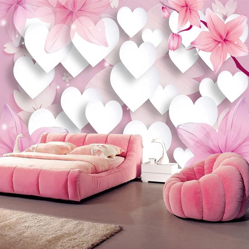 Customized Mural Wallpaper 3D White Heart-shaped Pink Flowers Bedroom Living room sofa TV background wall restaurant study Hotel