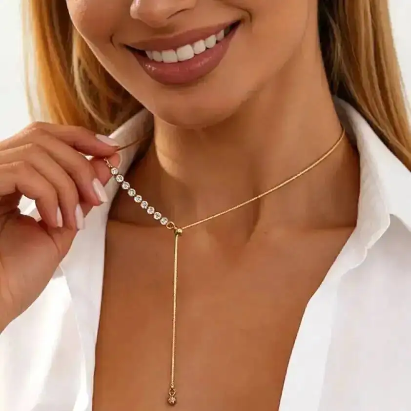

KunJoe Y2K Exquisite Rhinestone Long Tassel Chain Necklaces Women Trendy Metal Geometric Bead Choker Necklace Aesthetics Jewelry