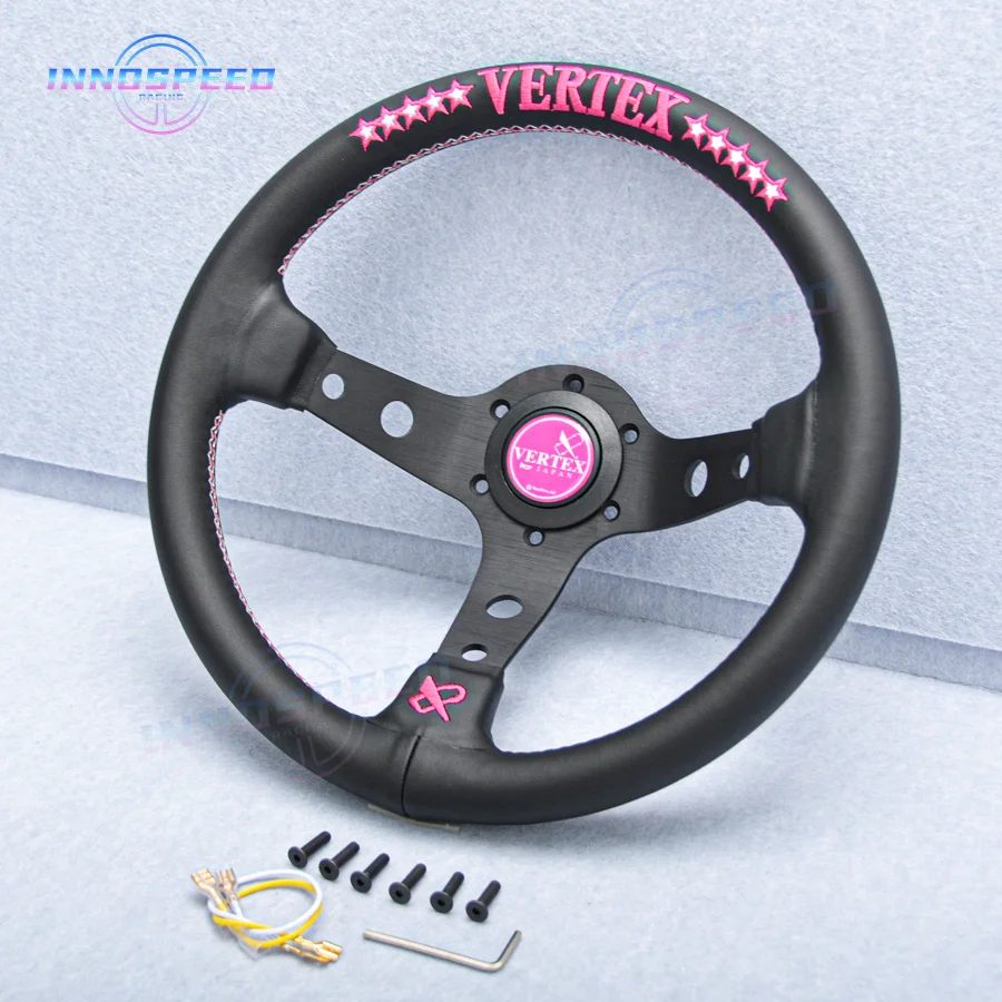 NOVO VERTEX Rosa 13 polegadas 330mm JDM Racing Preto Couro Genuíno Drift Sport Volante