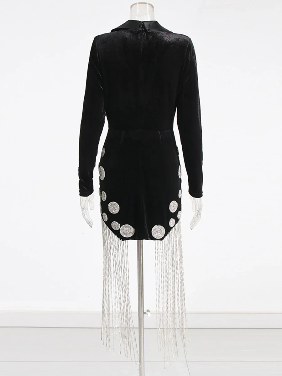 CHICEVER Solid Sexy Valentine Dresses for Women V Neck Long Sleeve High Waist Patchwork Tassel Bodycon Mini Dress Female Fashion