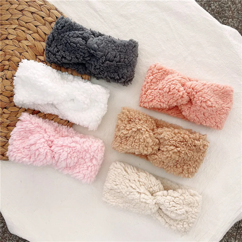 Winter Warm Coral Fleece Baby Headband Solid Color Cross Knot Lamb Wool Hairbands Kids Elastic Hair Band Infant Toddler Headwear