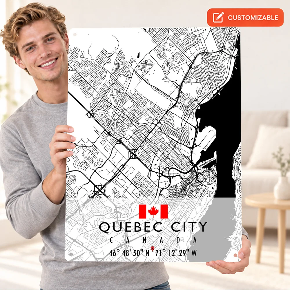 Quebec City White Street Map Printed Poster Customized Aluminum Metal Sign Detailed Graphic Composition Wall Art For Home Office