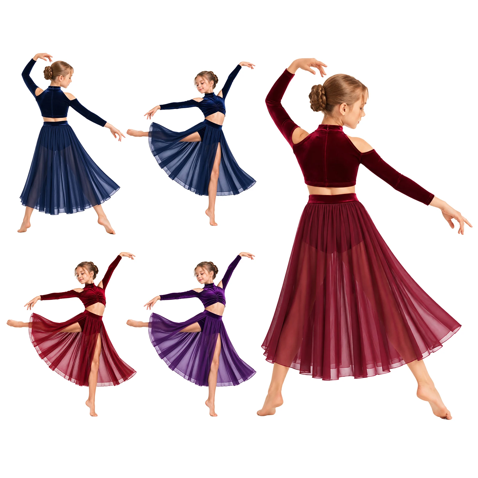 Girls Lyrical Ballet Dance Skating Gymnastics Costume Cold Shoulder Ruched Velvet Crop Top with Built-in Briefs Split Mesh Skirt