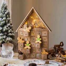 Christmas Tree House Wooden Advent Calendar Village House Countdown Ornament Xmas Party Decor 25 Storage Drawers with LED Lights