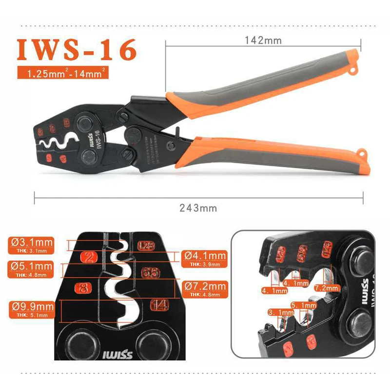 IWS-6/8/16/38 crimper plier Ratchet Crimping Tool for Non-Insulated Terminals 1.25-6MM² Polished Jaw Pressure regulating device