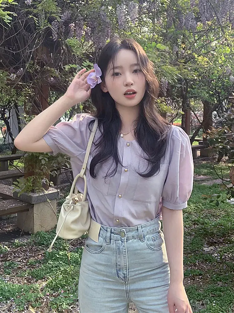 

Fashionable Summer Short Sleeve Chiffon Shirt Women's Bubble Sleeve Top Slimming Design Large Size High Waist French Style