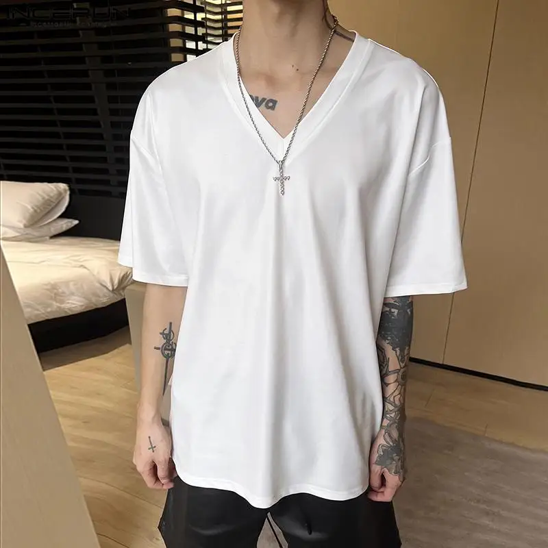 INCERUN Men T Shirt Solid Color V Neck Short Sleeve Summer Men Clothing Streetwear 2024 Korean Style Fashion Casual Tee Tops Men