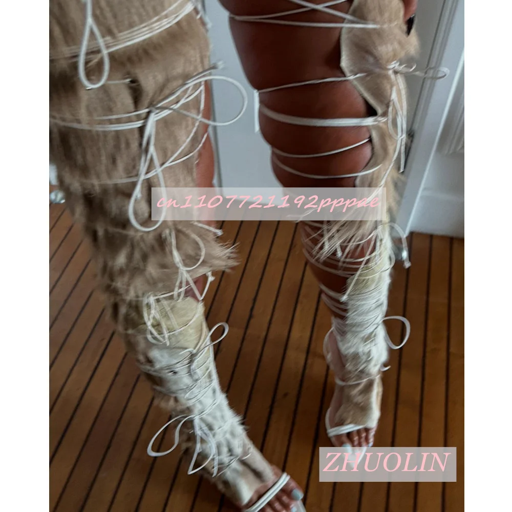 

Летние босоножки выше колена с волосатой перекрестной завязкой, остроконечные босоножки на высоком каблуке, модная женская обувь-гладиатор с Т-образным вырезом 46