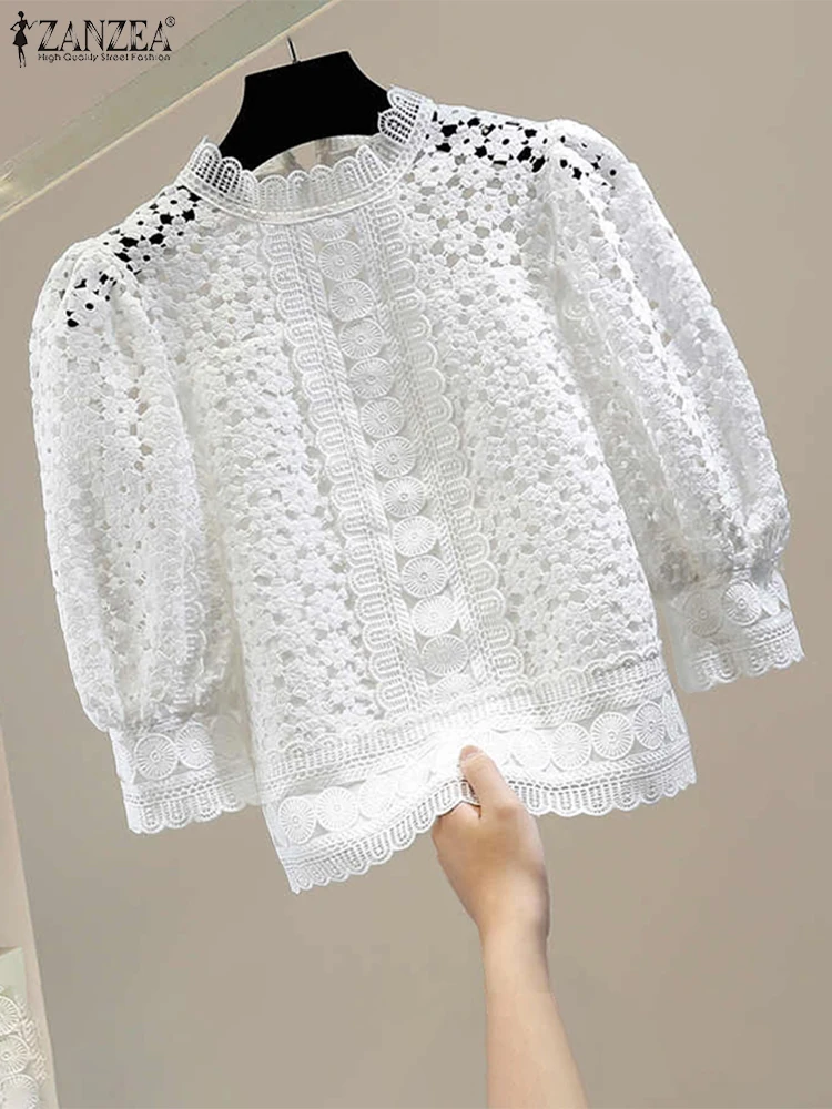 ZANZEA Elegant Lace Blouse Women 3/4 Puff Sleeve Solid Color Tunic Tops 2025 Autumn O-Neck See-through Casual Office Lady Shirts