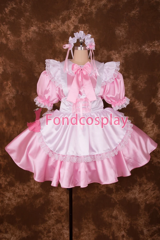 fondcosplay adult sexy cross dressing sissy maid short Lockable baby Pink Satin Lace Bowknot Dress white apron Uniform[S016]