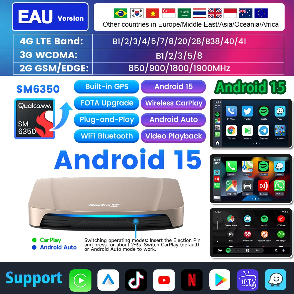 256G Carlinkit Android Auto Draadloze Adapter CarPlay Tv Box Android 15 Ultra CarPlay Ai Box GPS QCM6350 Voor Youtube Netflix IPTV