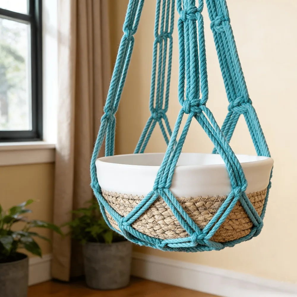 Boho woven hanging plant basket, multi-color, tassel decor, lightweight for small indoor plants.
