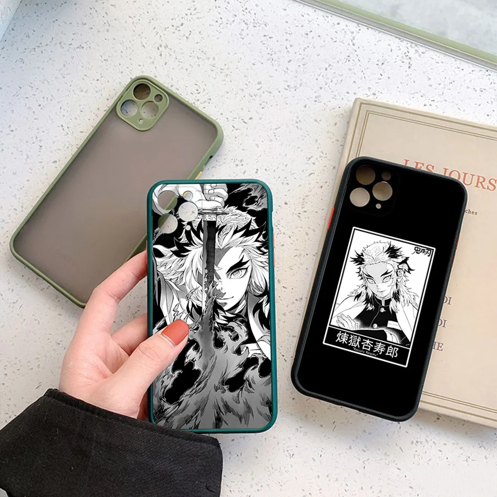 Frosted Translucent Phone Case For iPhone 16 15 14 Pro Max 7 8Plus 11 12 13 Mini X XS Demon Slayer Rengoku Kyoujurou Black Cover