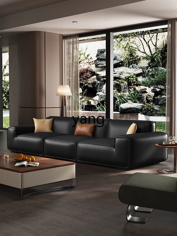 LMM Italian minimalist large black cow leather sofa living room straight top floor three-person down sofa
