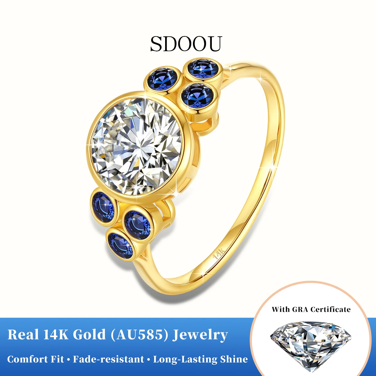 

SDOOU Real 14K Gold 7 stones 2ct D VVS1 Round Moissanite Rings For Women Au585 Blue Corundum Promise Band Luxury Jewelry Gifts