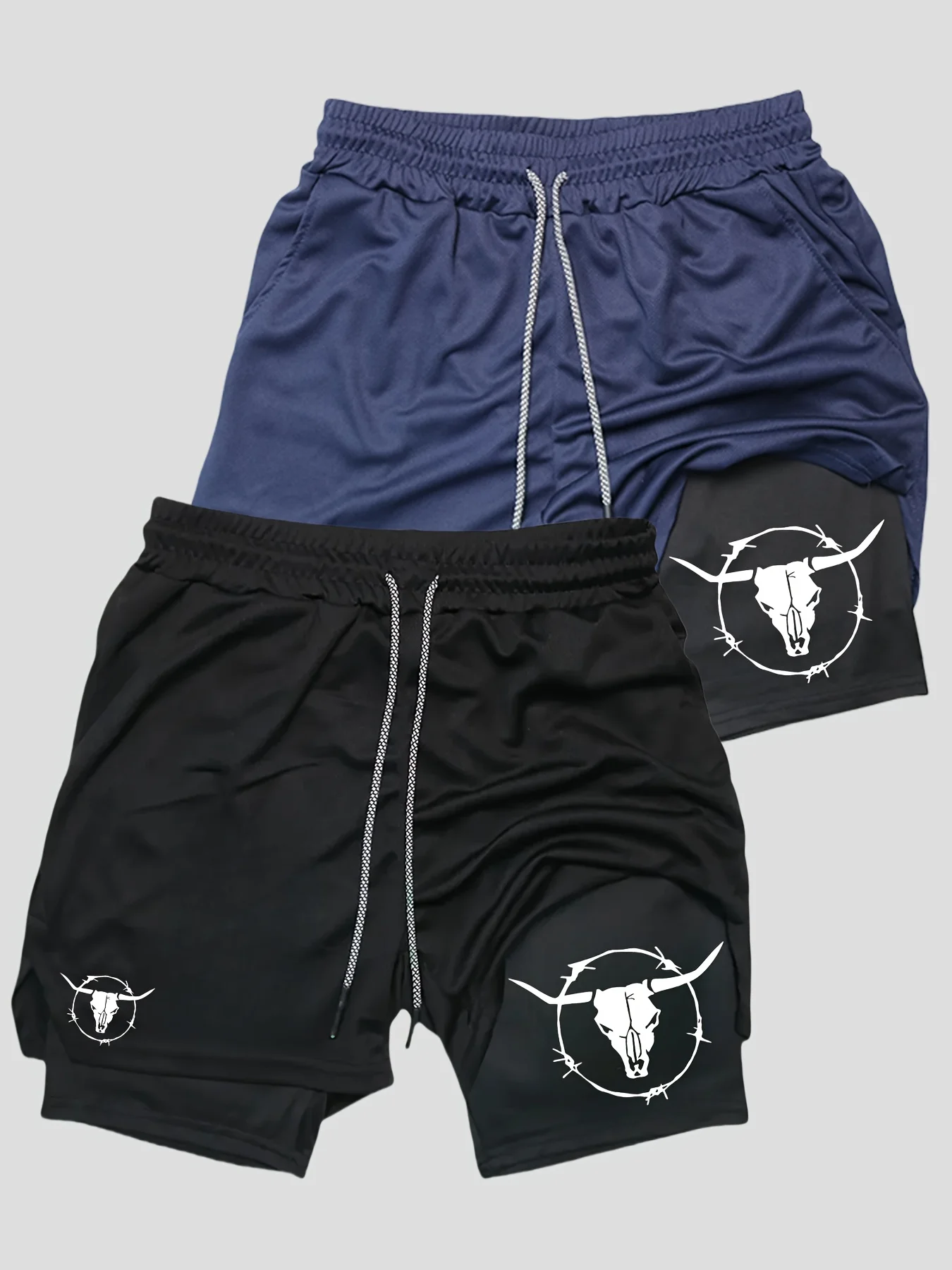 

2pcs 2-in-1 Double Layer Stylish Bull Head Print Men's Casual Sports Fitness Shorts