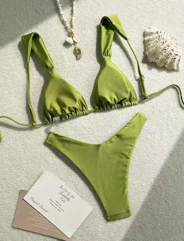sexy green satin metal shell back tie bikinis sets two pieces thong swimsuits bathing suit swimwear biquini tankini trikini