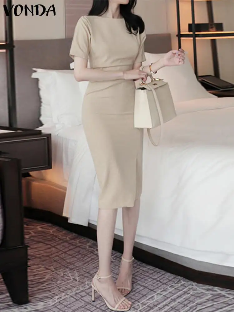 

Летнее платье 2023 VONDA, женское сексуальное плиссированное платье, однотонное элегантное платье с коротким рукавом, повседневный длинный сарафан на молнии