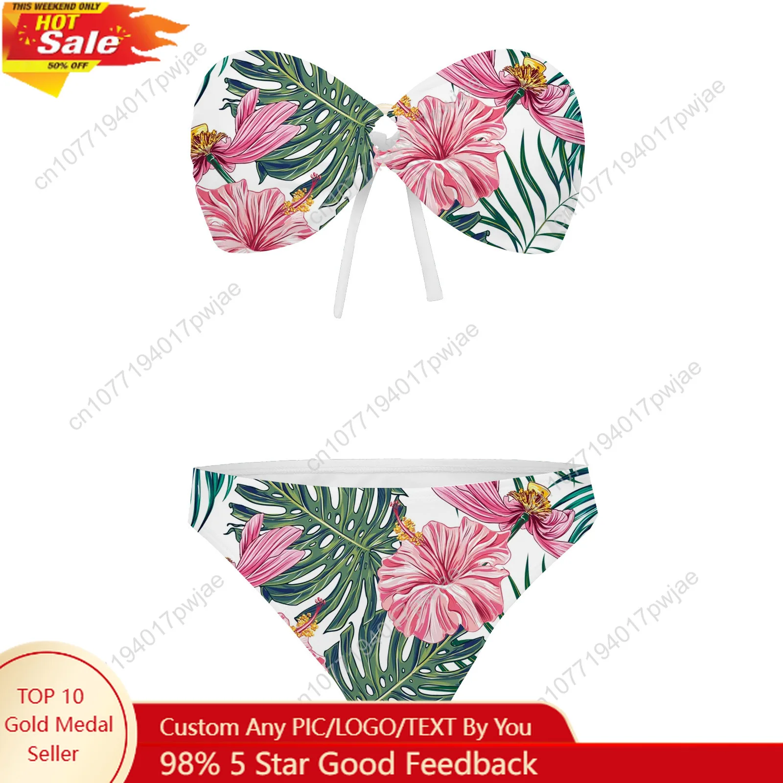 

Green Plant Print Pattern Strapless Swimsuit Womens Bathing Suits Fashion Swimwear Pool Beach Sexy Bikini Customize Beachwear