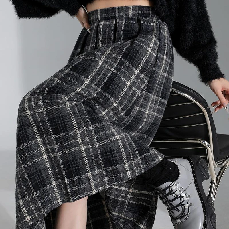 Vintage Woolen Pleated Skirt Women Fall Winter High Quality Plaid Long Skirt Female Preppy Style Streetwear Faldas Mujer 2025