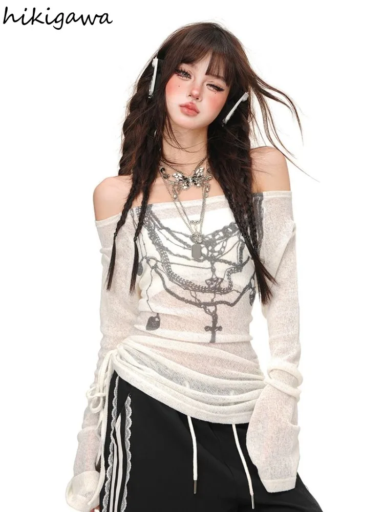 Y2k Women T Shirts Print Slash Neck Long Sleeve Tees Ropa Mujer Off Shoulder Drawstring Tunic Tshirt See Through Sexy T-shirts