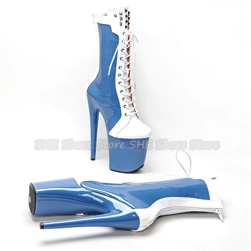 

Women Mixed Color Lace-Up Peep Toe Platform Boots Sexy Super High Heel Zipper Mid-Calf Boots Pole Dance Cosplay Dress Shoes