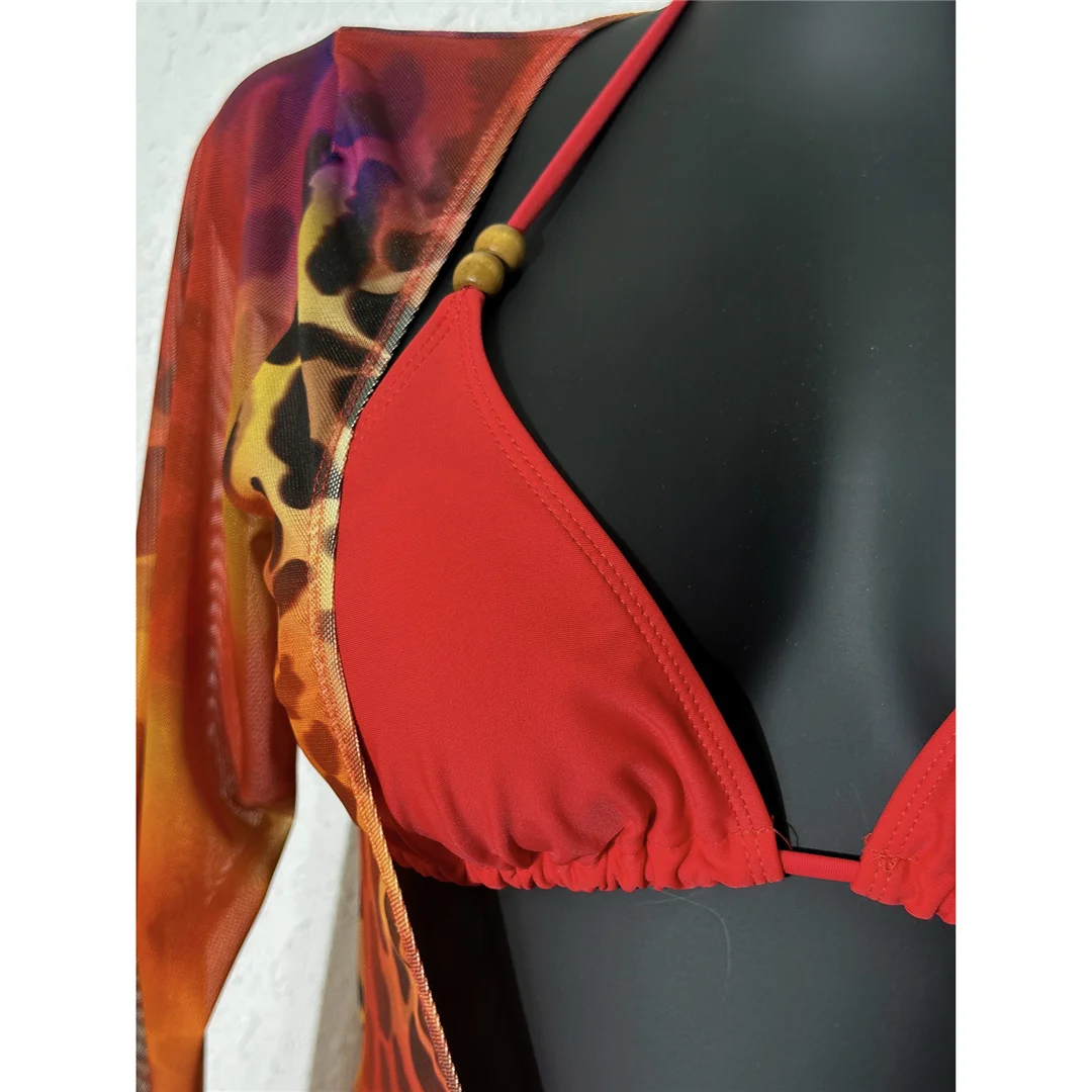 Leopard-Bikini mit langen Ärmeln, Damen-Badeanzug, dreiteiliges Bikini-Set, Damen-Badebekleidung, Badeanzug, Schwimmbekleidung V7608 – Detail 6