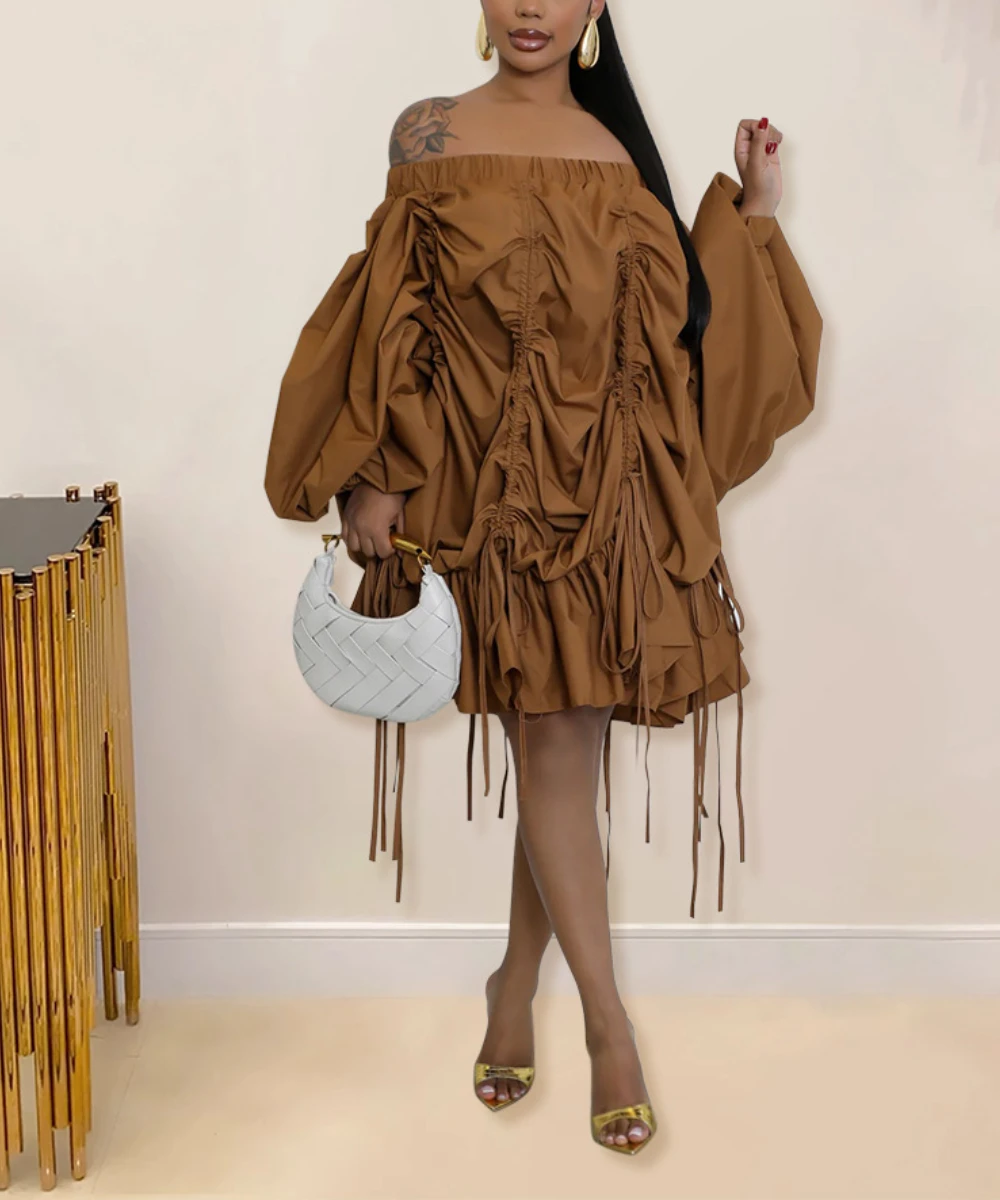 2025 Slash Neck Puff Sleeve Drawstring Tassel Dresses Women Knee Length Loose Dresses Fashion Casual Going Out Vacation Dress