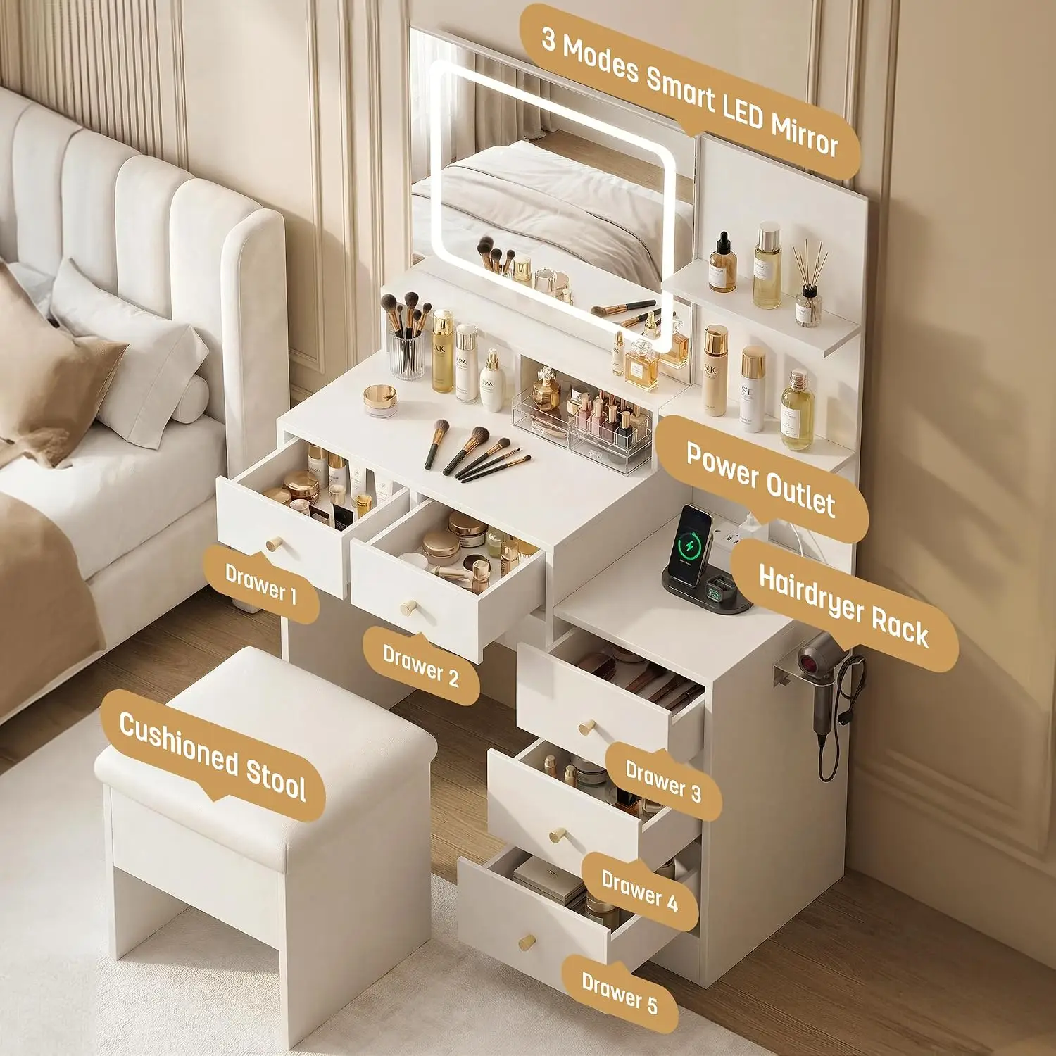Vanity Desk with Mirror & Lights, Makeup Vanity with 5 Drawers & Cushion Stool, White Vanity Table, 3 Color Modes &, Customized view 3