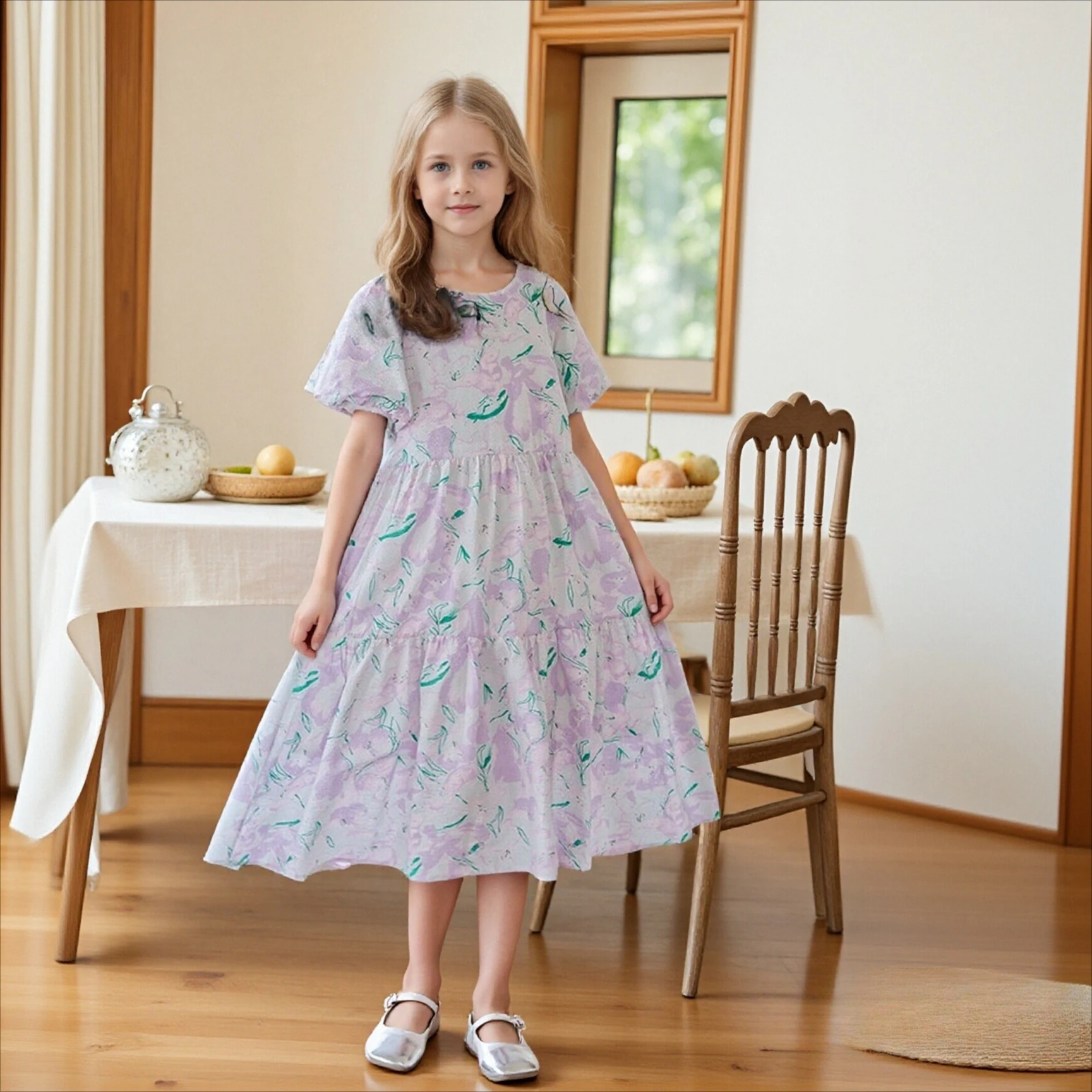 

Summer Dress for Girls 2026 New Short Sleeve Purple Floral Princess Dresses 4-15 Years Casual School Teenage Children Costumes