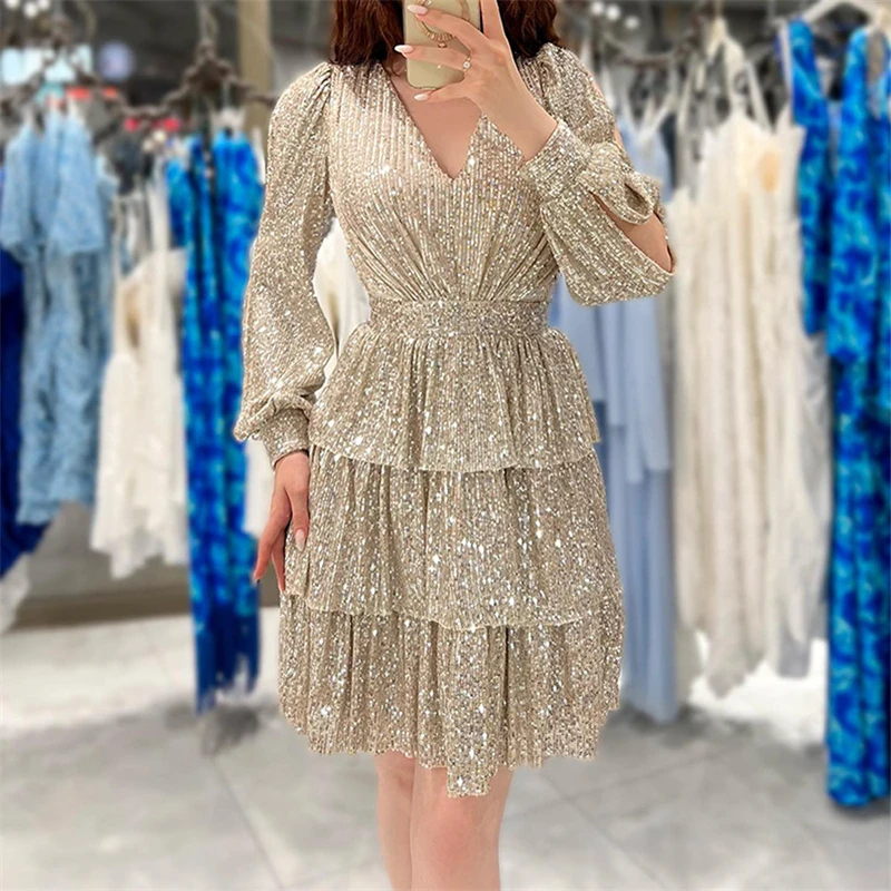 Sexy V Neck Long Sleeve Hollow Out Mini Dress Sparkling Sequins Autumn Ladies Dress Fashion Ladies High Waist Pleated Cake Dress