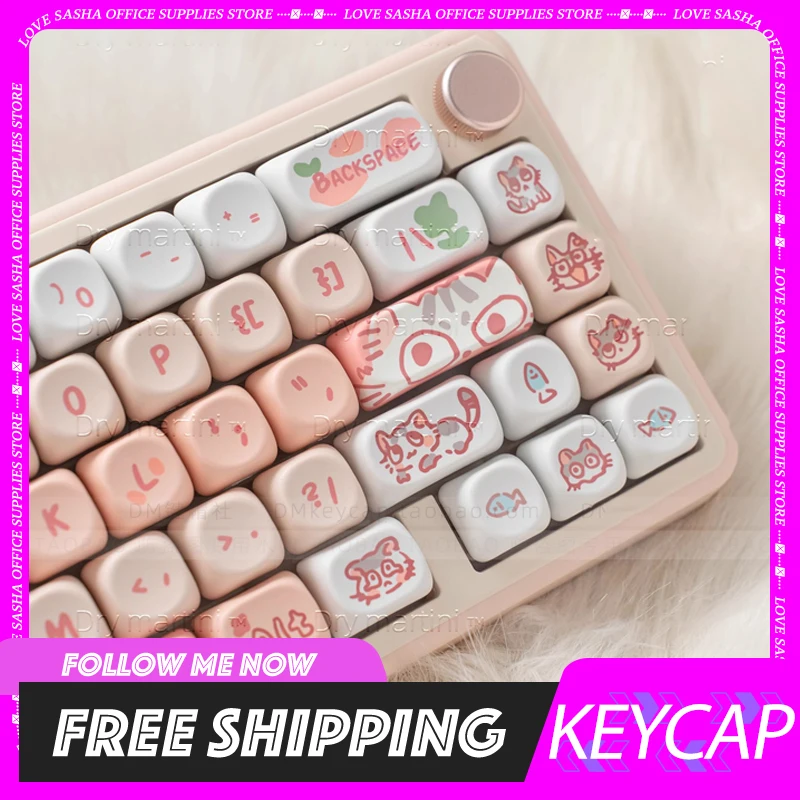 Pink Cats Moa Mechanical Keyboard Keycaps Pbt Cute Cartoon 132 Keys For 60/64/84/98/108 Mechanical Keyboard Mx Switch Customized