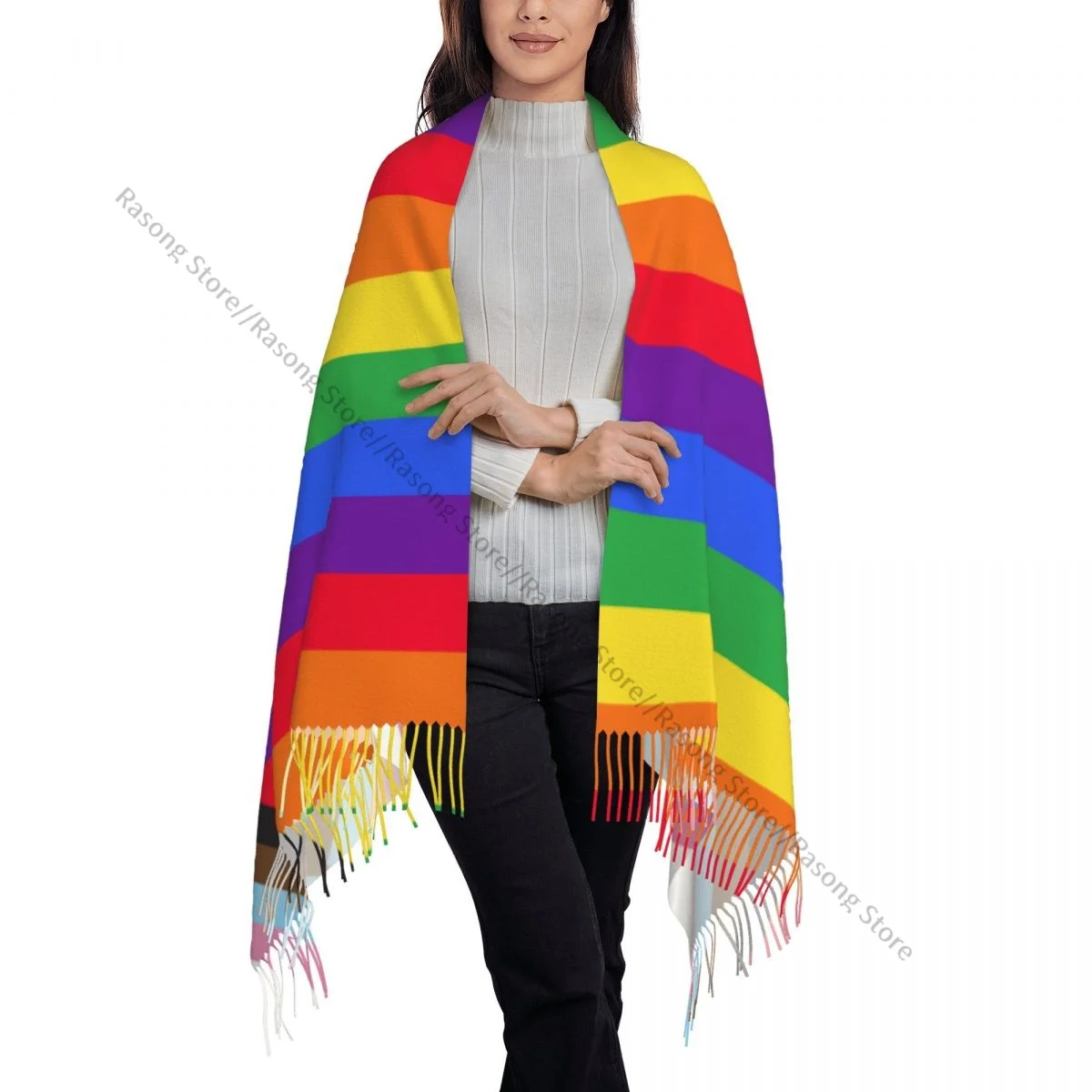 Rainbow Flag Gay Pride ผ้าพันคอฤดูหนาวยาวพู่ขนาดใหญ่ผ้าพันคอนุ่ม Pashmina