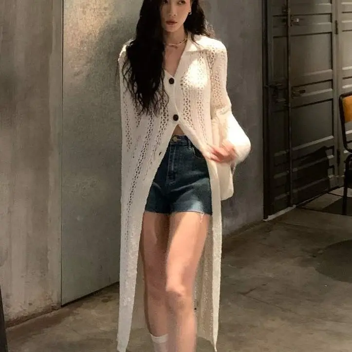 

2025 French Cardigan Spring Lace Knit Top Lightweight Mid-Length Openwork Loose Boho Cover-Up