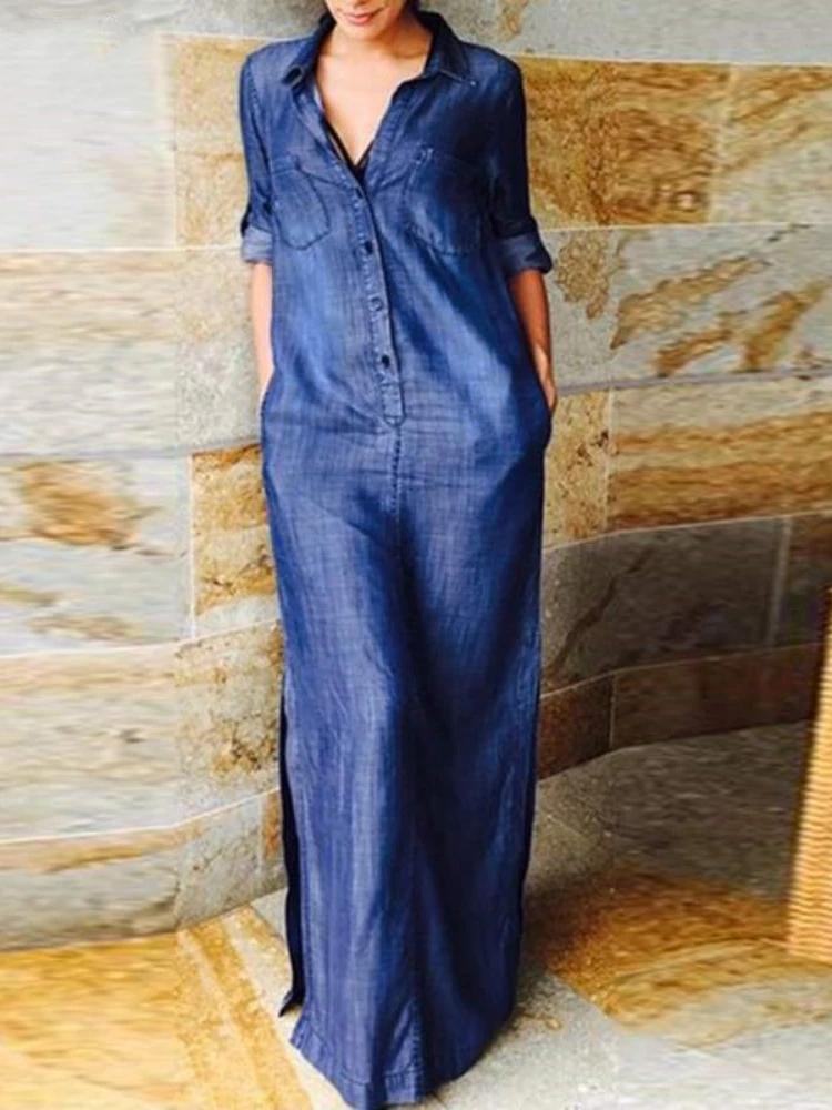 

New Fashion Street Style Retro Women's Denim Long Dress Half Open A-line Straight Sleeve Elegant Lapel Pocket Denim Dress