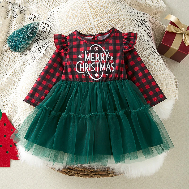 Christmas Girls' New Checkered Letter Printed Flying Sleeve Mesh Patchwork Sweet and Cute Holiday Party Princess Dress