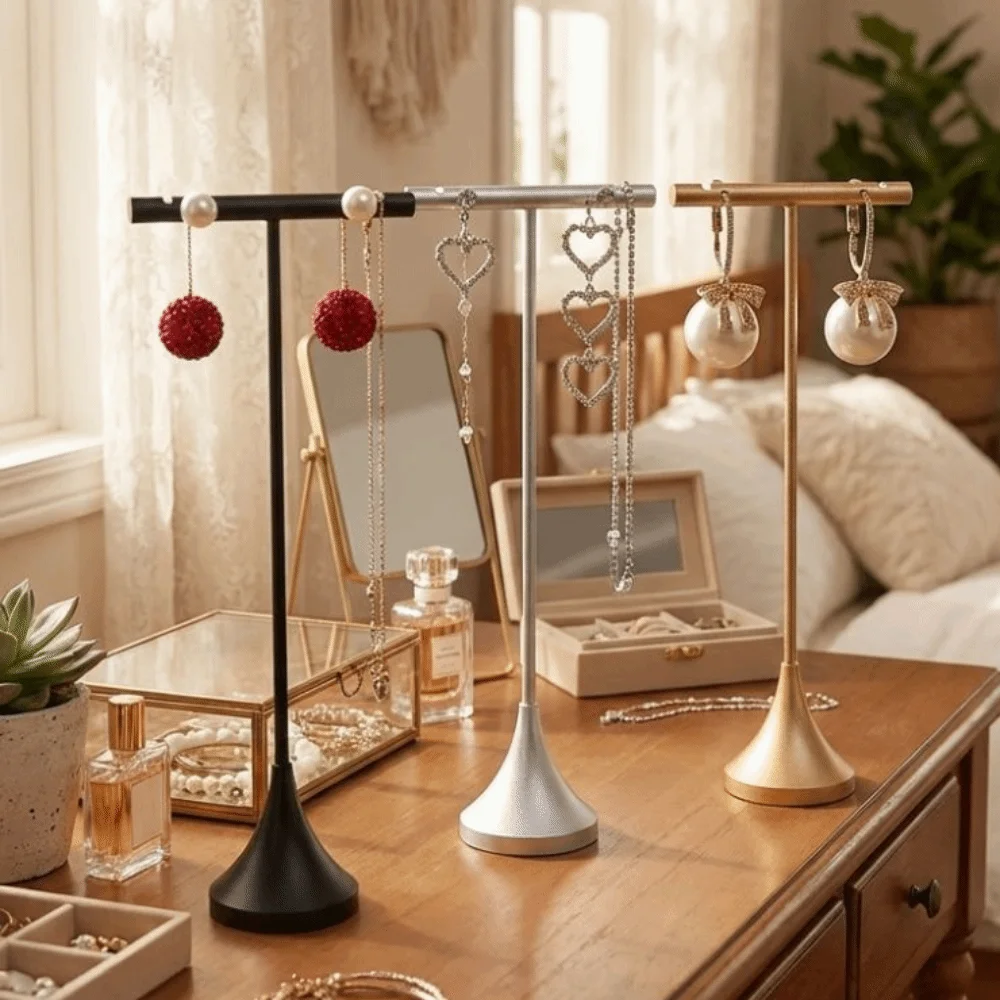 Aluminum Alloy T-Shape Earring Display Stand Storage Shelf Detachable Dangle Jewelry Ring Organizer Moisture-proof