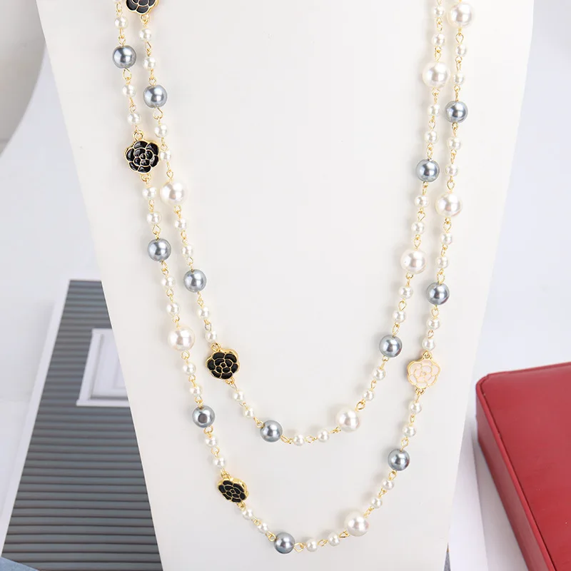 2024 New Simulated Pearl Long Necklace For Women Classic Rose Sweater Chain