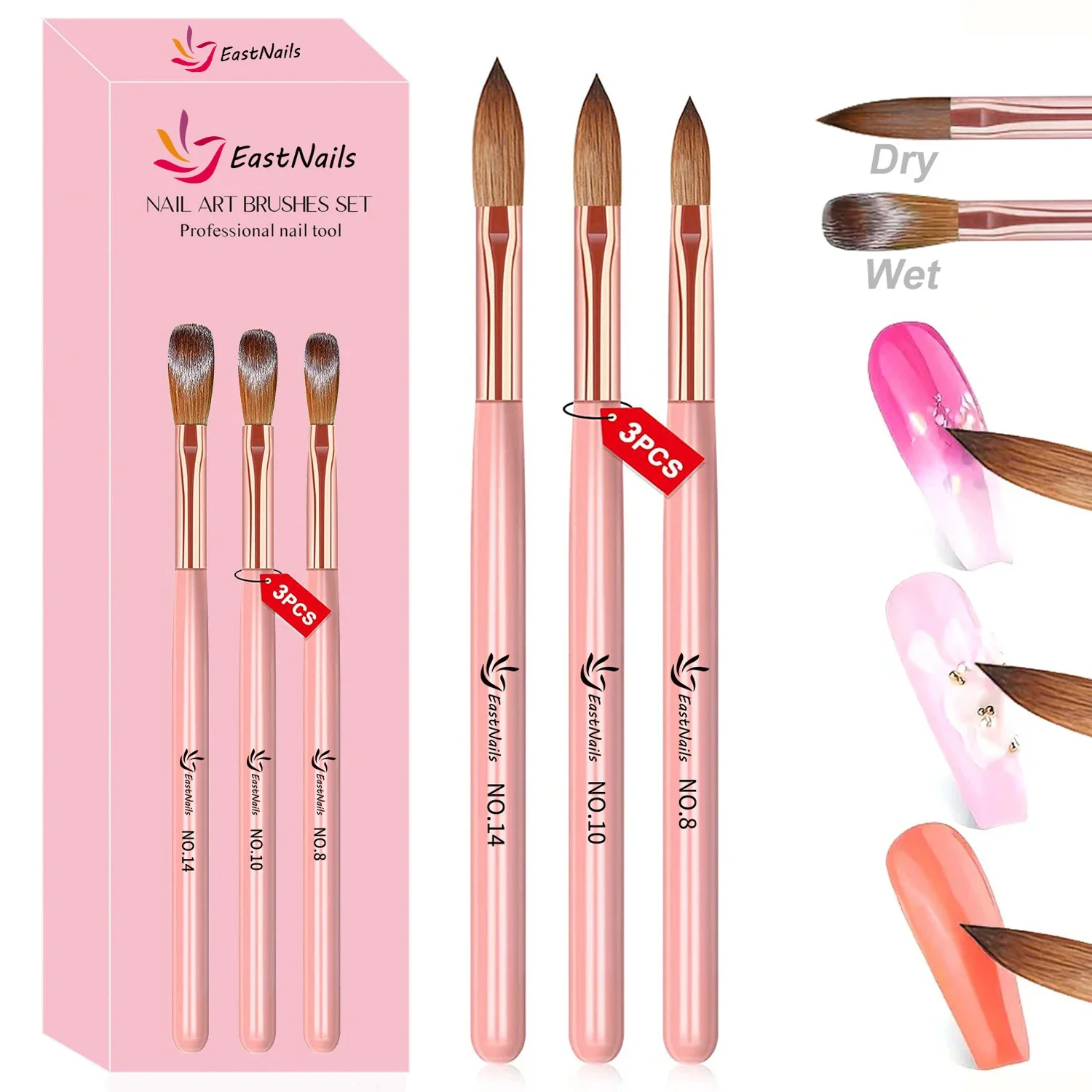 

3-Piece Acrylic Nail Brush Set, Boxed Soft Bristle Crystal Gradient Brush for Nail Art, 3D Carving Nail Salon Tools