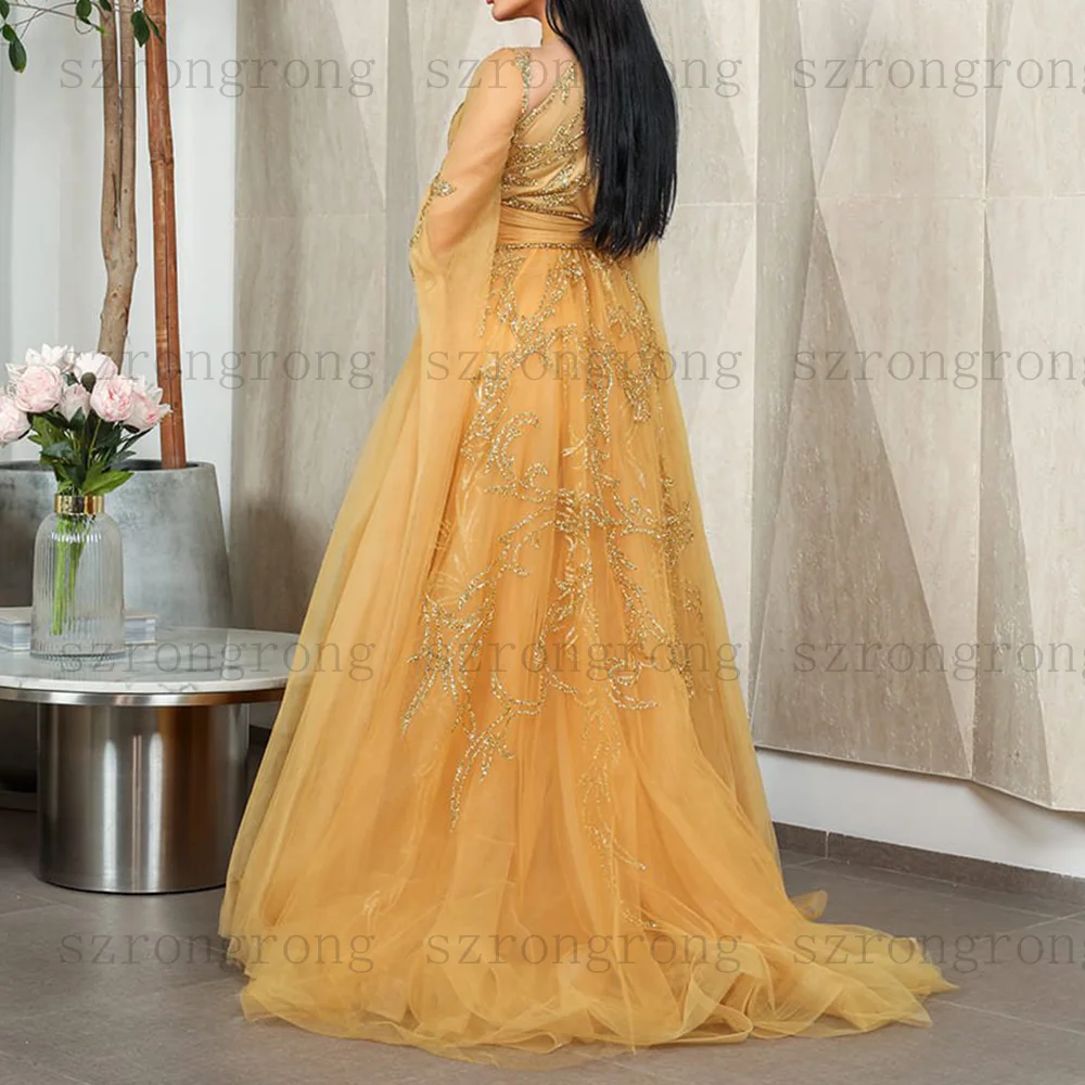 

Customized High Neck Formal Evening Dresses Modern Sequined Lace Appliques Pleat A-Line Prom Gown Saudi Long Tulle Party Dress